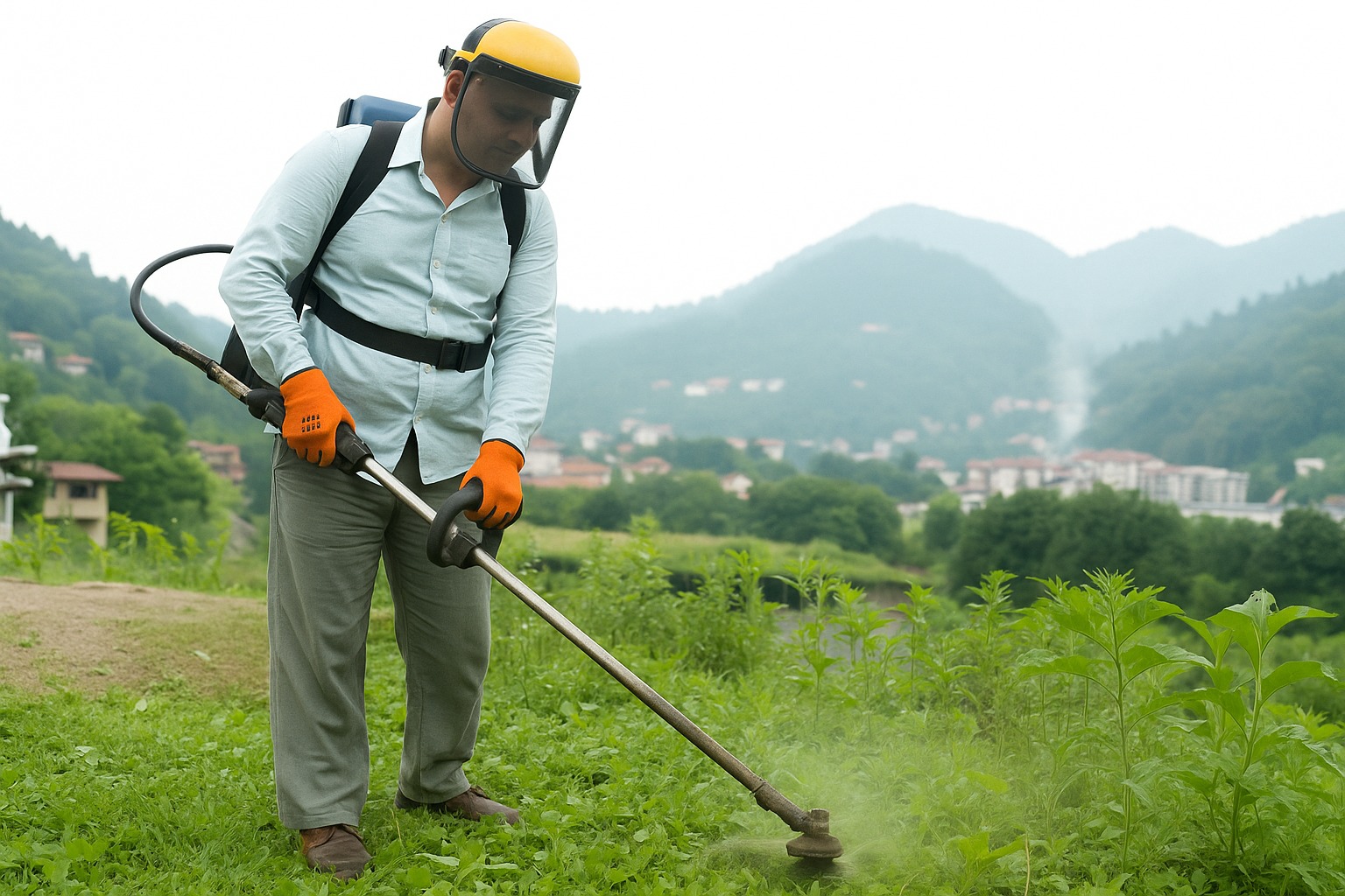 Nhân viên đang cắt cỏ và phát quang bằng máy tại Quận 6.